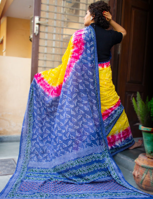 Organic Vibes Multi color Handblock Printed Mulmul Cotton Saree with  Sparrow Calligraphy