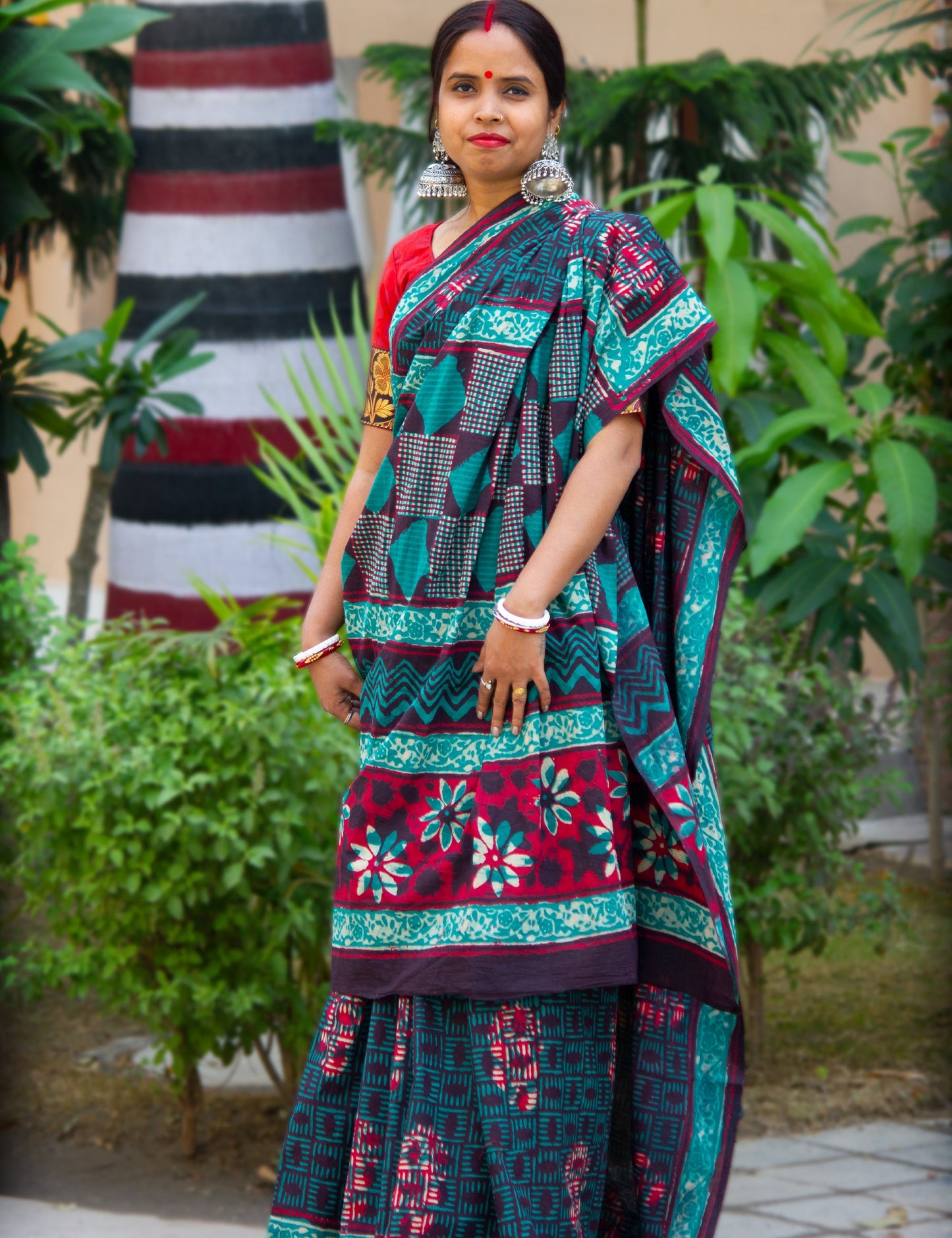 Organic Vibes Green Handblock Printed Mulmul Cotton Saree with Red Floral Dabu Patterns