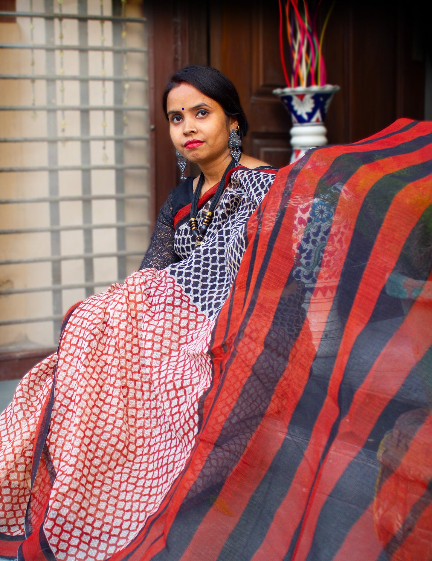 Organic Vibes Orange Handblock Printed Kota Doria Saree with Natural Colors