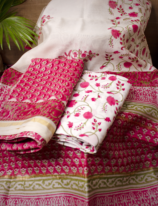 Organic Vibes Pink Red Floral Chanderi Silk Hand Block Printed Kurta set unstitched Fabric with Dupatta