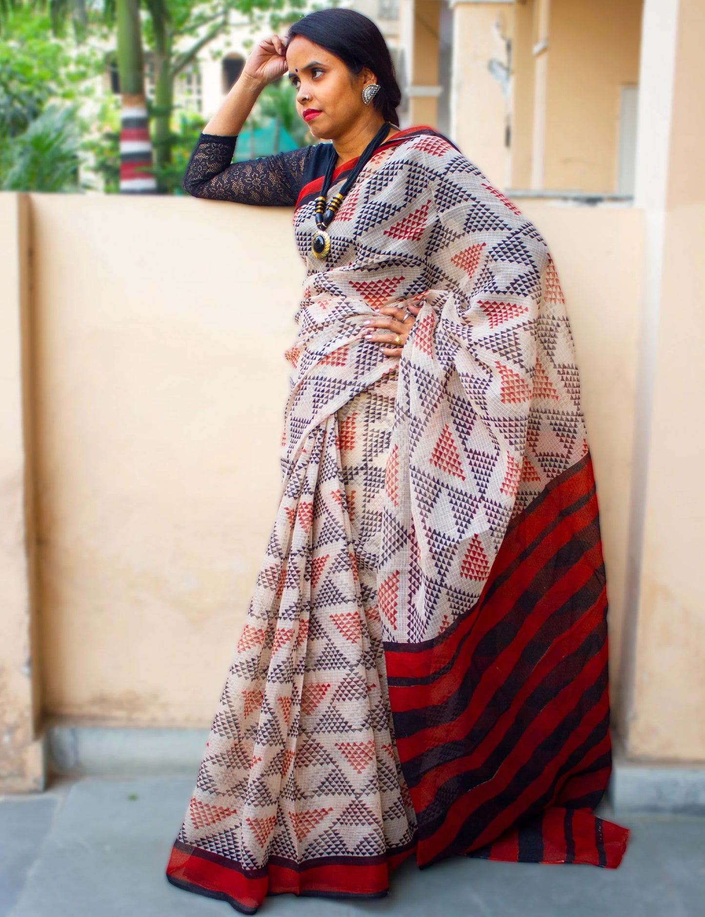 Organic Vibes Handblock Printed Kota Doria White Saree with Natural Colors Organic Vibes 