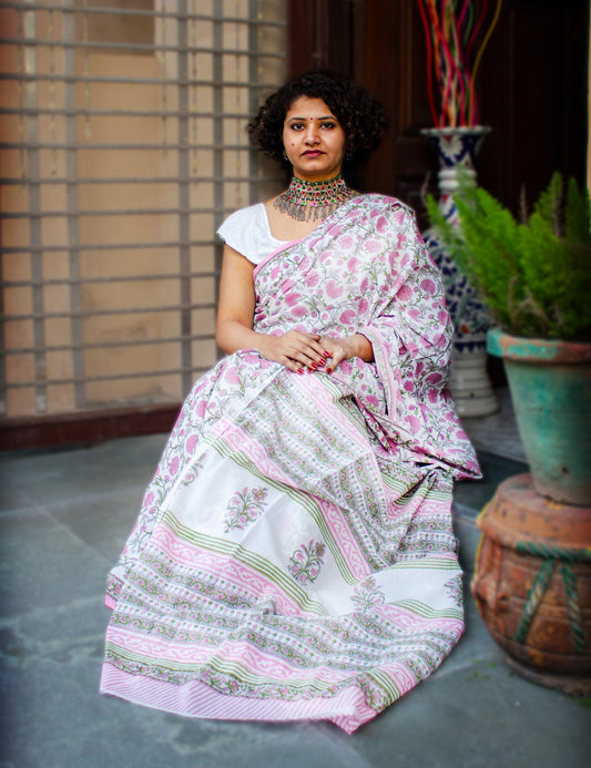  Organic Vibes Handblock Printed Mulmul Cotton Saree White Floral Sanganeri Organic Vibes 