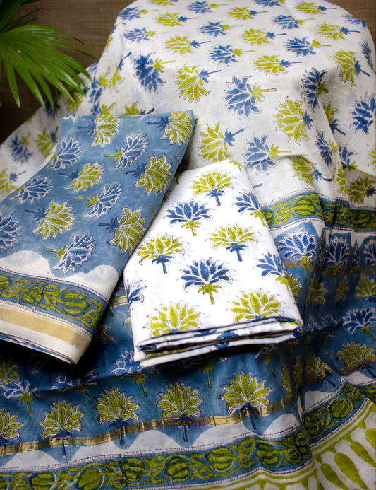 Organic Vibes Green Blue Floral Chanderi Silk Hand Block Printed Kurta Set  Unstitched Fabric with Dupatta