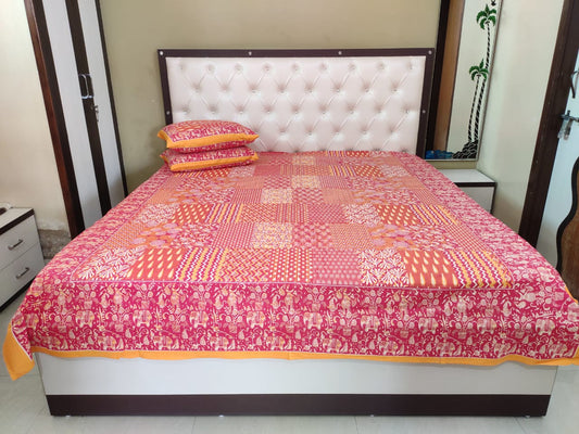 Pink Floral Handblock Printed Bed Cover with Pillows