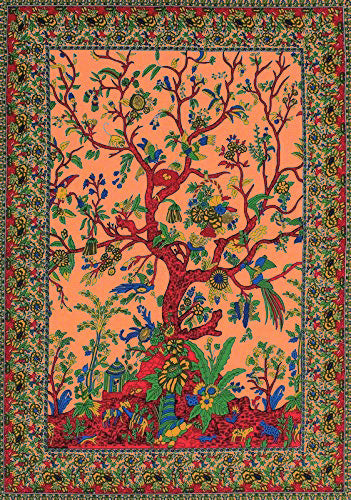 Orange Multi Color Tie Dye Tree Design Single Tapestry Bedsheet