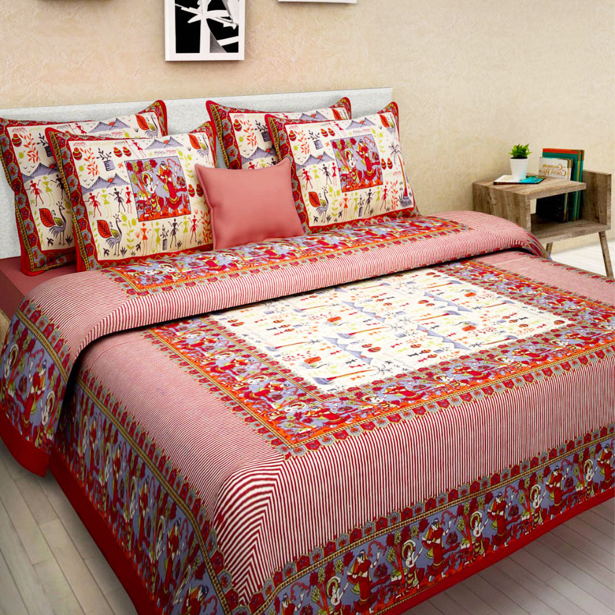 Organic Vibes Red Garba Design Striped Cotton Bed Cover with Pillows