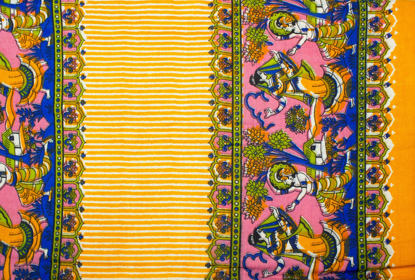 Organic Vibes Yellow Garba Design Striped Cotton Bed Cover with Pillows