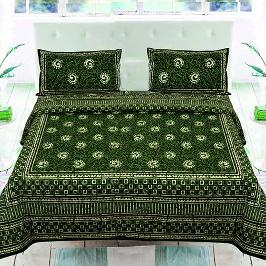Green Dabu Handblock Printed Bed Cover with Pillow covers