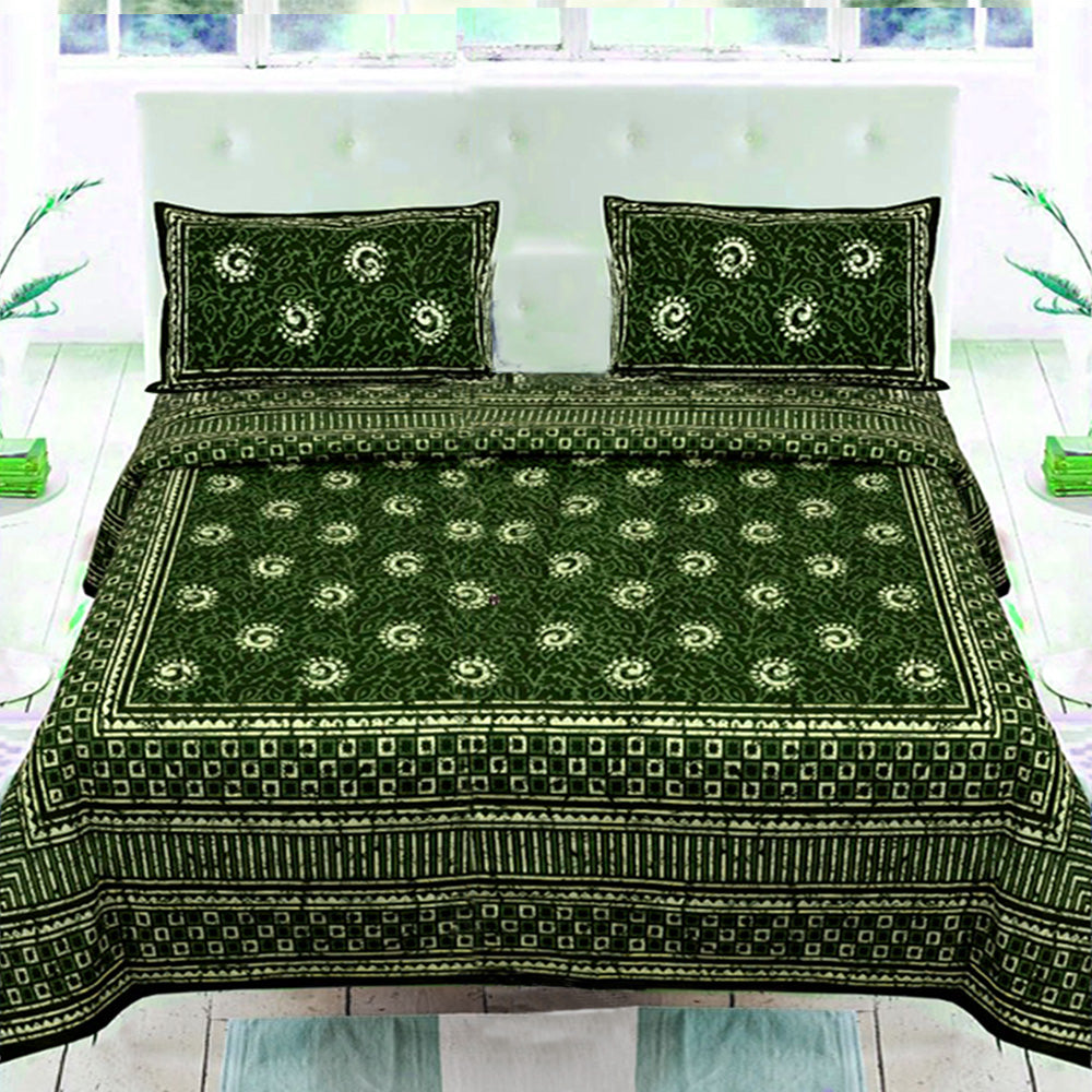 Green Dabu Handblock Printed Bed Cover with Pillow covers