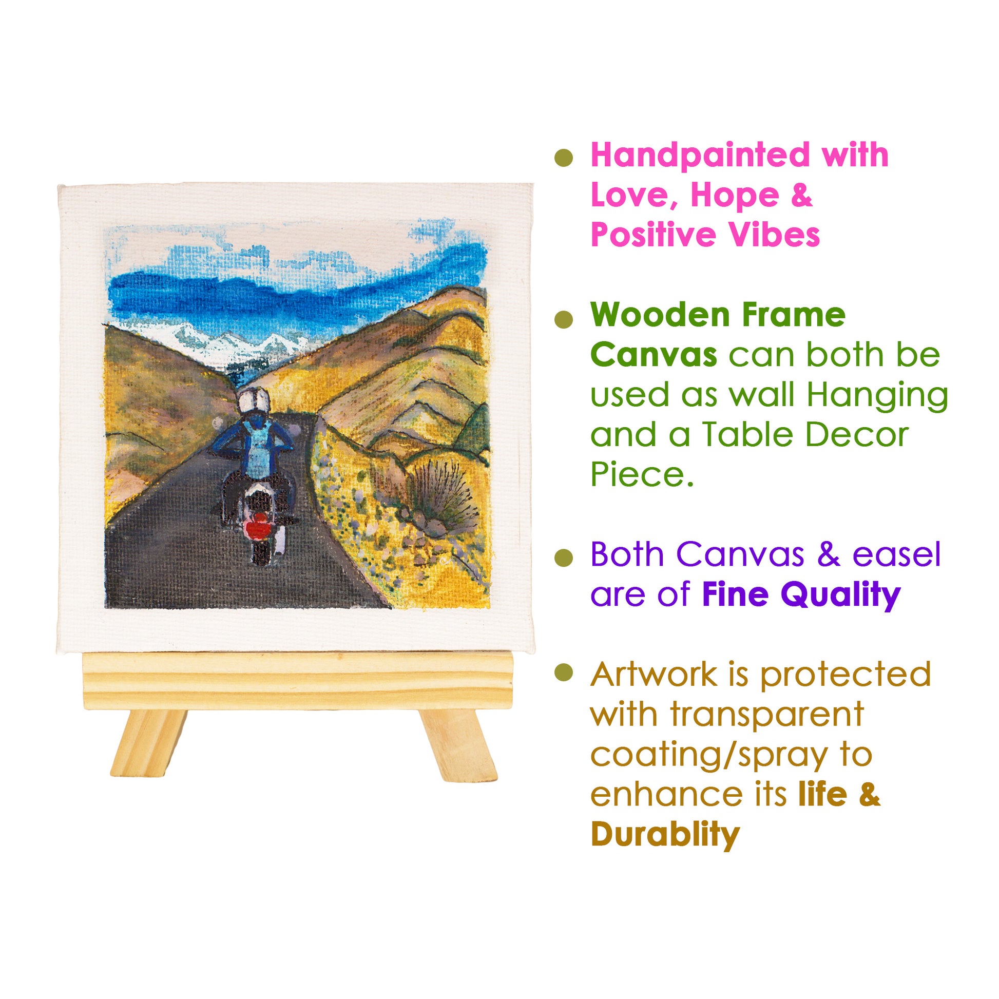 Neha Rajan Artworks Original Handmade Travel Female Biker Painting Hand Painted On Canvas Frame 4x4 With Easel