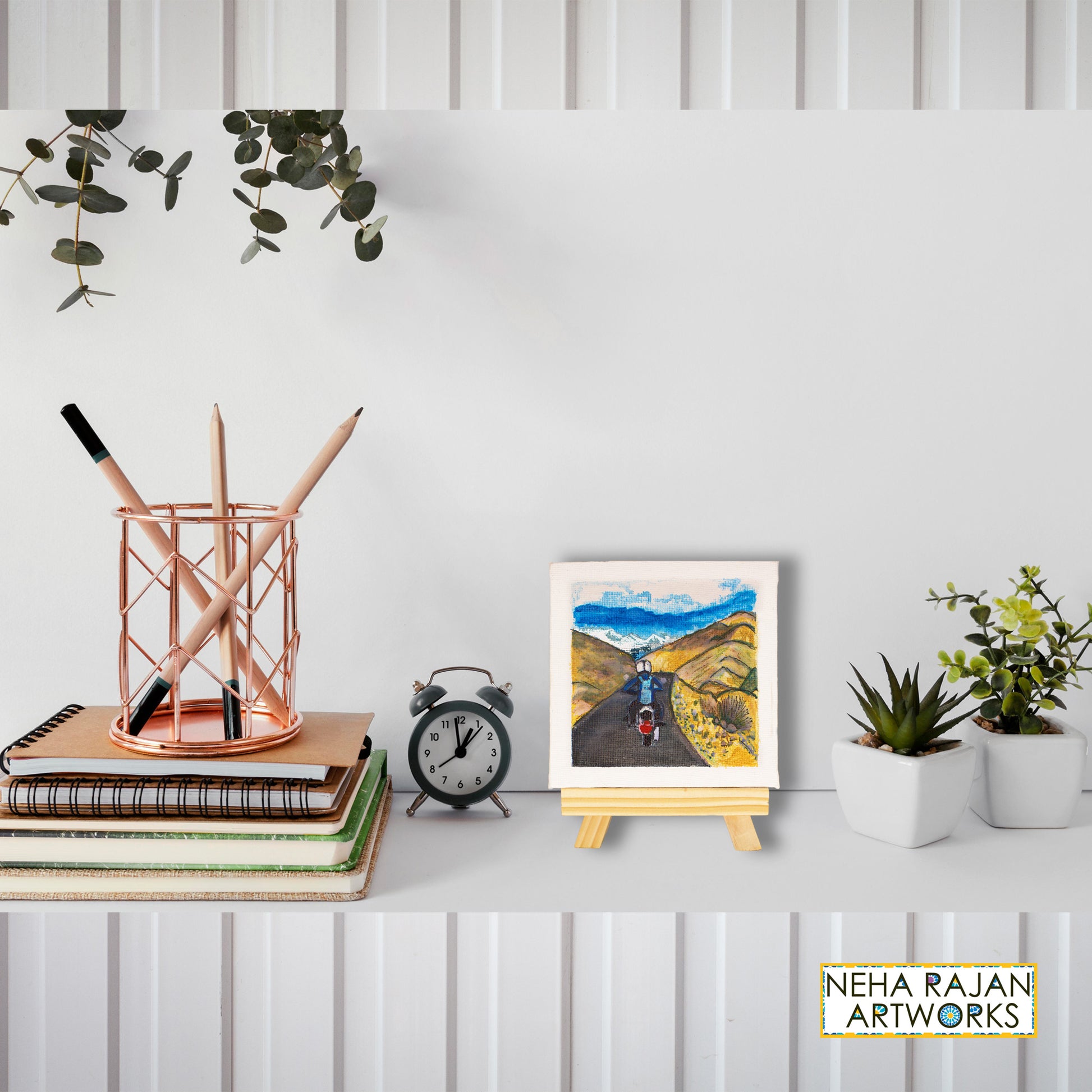 Neha Rajan Artworks Original Handmade Travel Female Biker Painting Hand Painted On Canvas Frame 4x4 With Easel