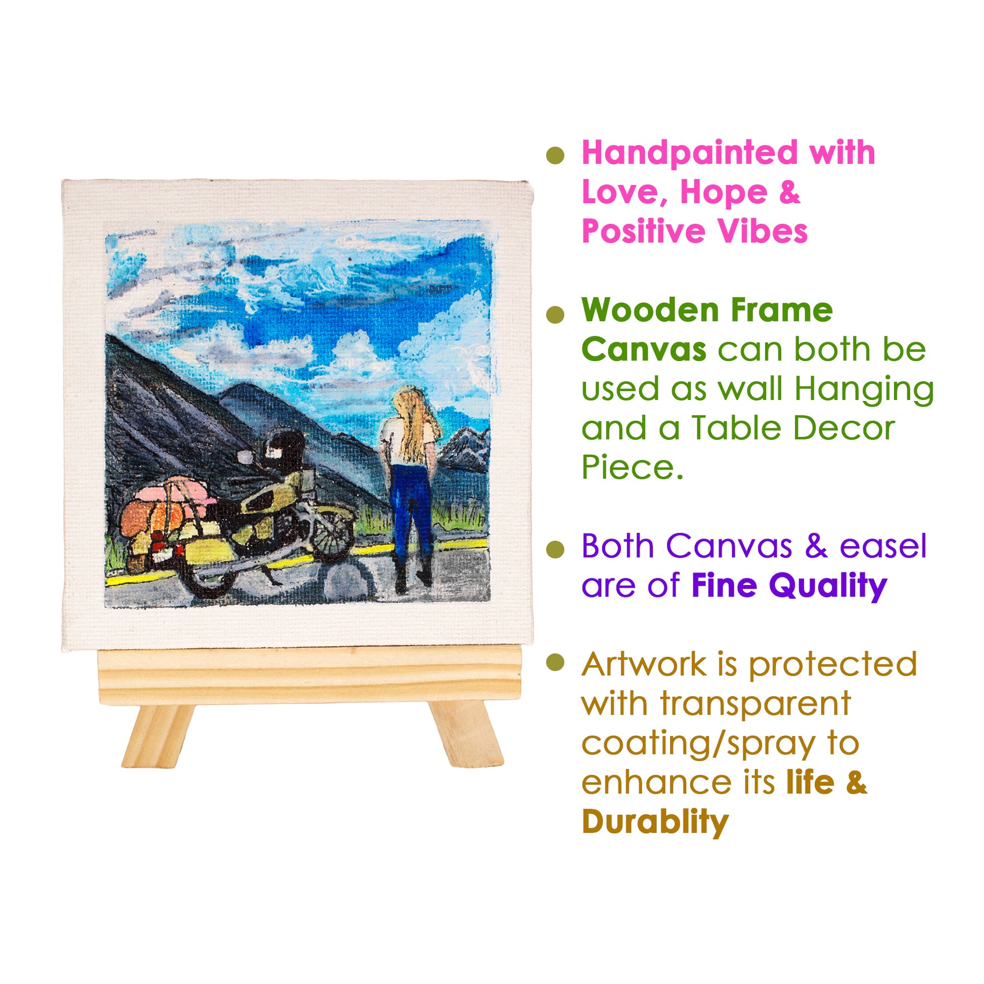 Neha Rajan Artworks Original Handmade Travel Female Biker Painting Hand Painted On Canvas Frame 4x4 With Easel