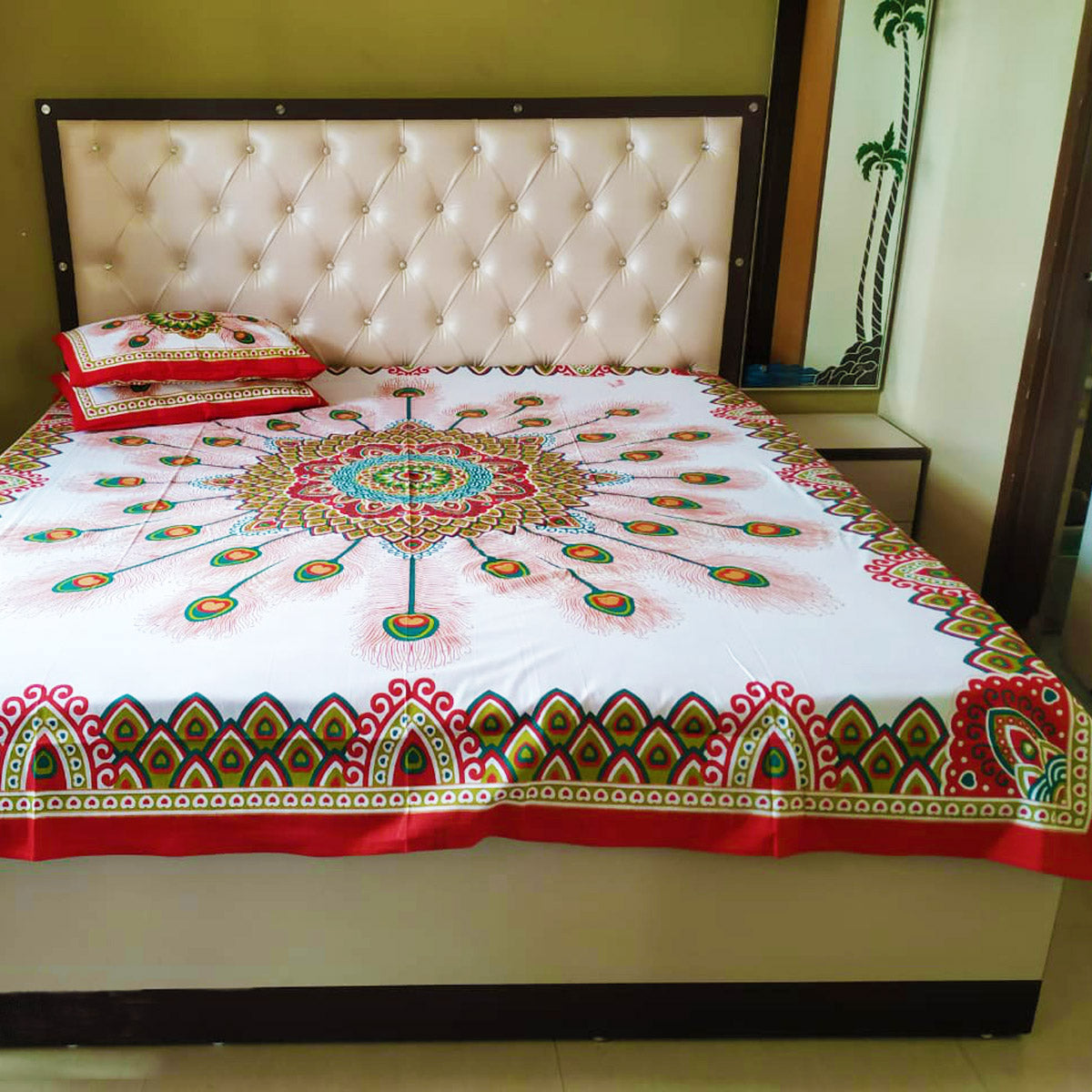 Red Peacock Design Rajasthani Cotton Bed Cover with Pillows