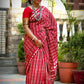 Organic Vibes Red White check Handblock Printed Mulmul Cotton Saree