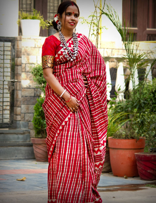 Organic Vibes Red White check Handblock Printed Mulmul Cotton Saree