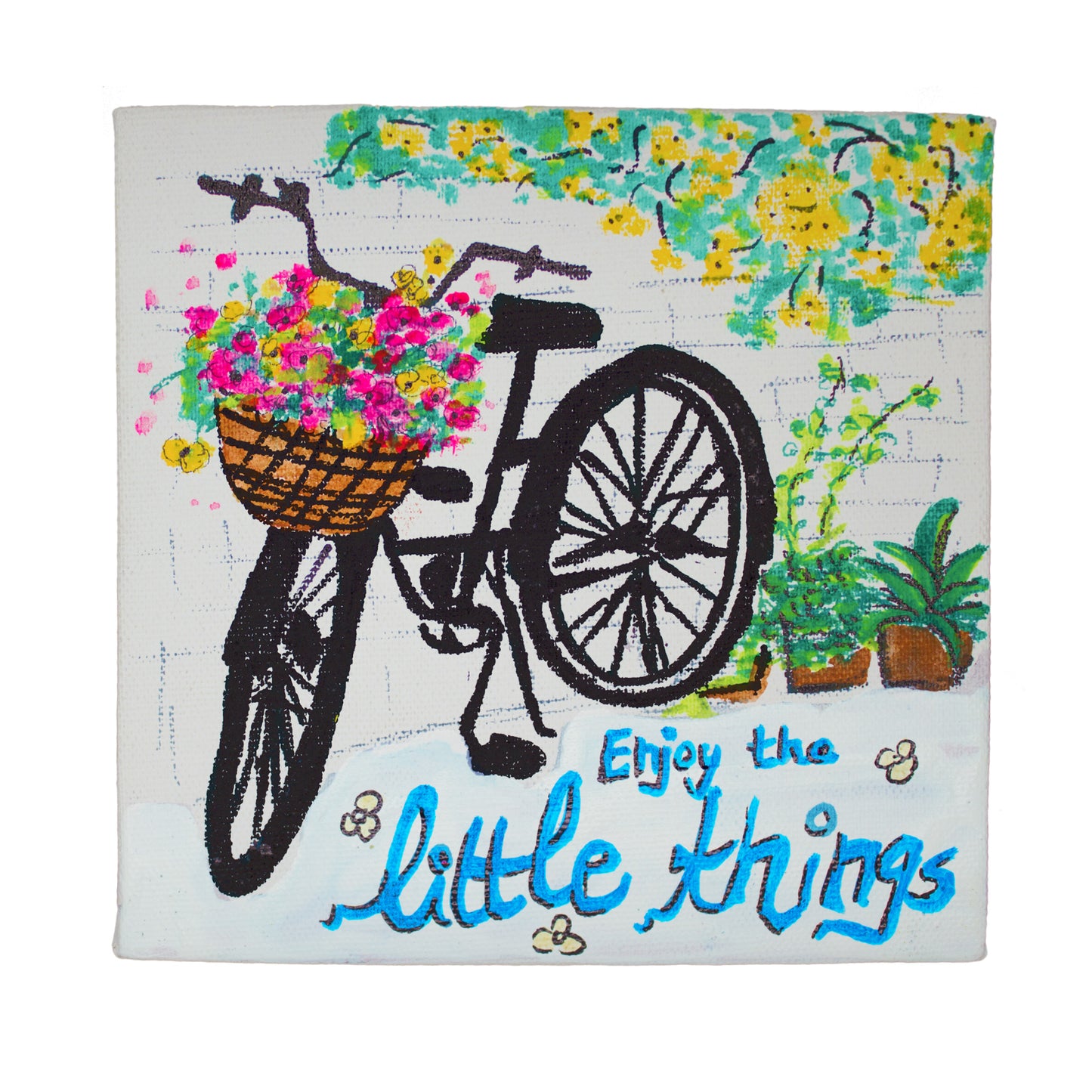 Neha Rajan Artworks Original Handmade Bicycle Floral Motivational Quote Hand Painted On Canvas Frame 6*6