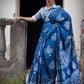Organic Vibes Indigo Blue Handblock Printed Mulmul Cotton Saree with Dabu Tree Design
