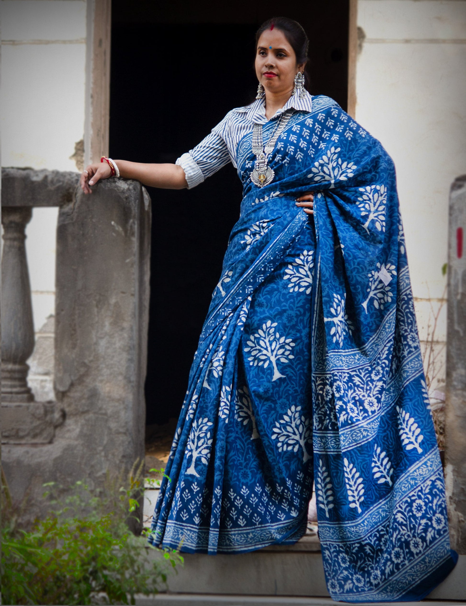 Organic Vibes Indigo Blue Handblock Printed Mulmul Cotton Saree with Dabu Tree Design