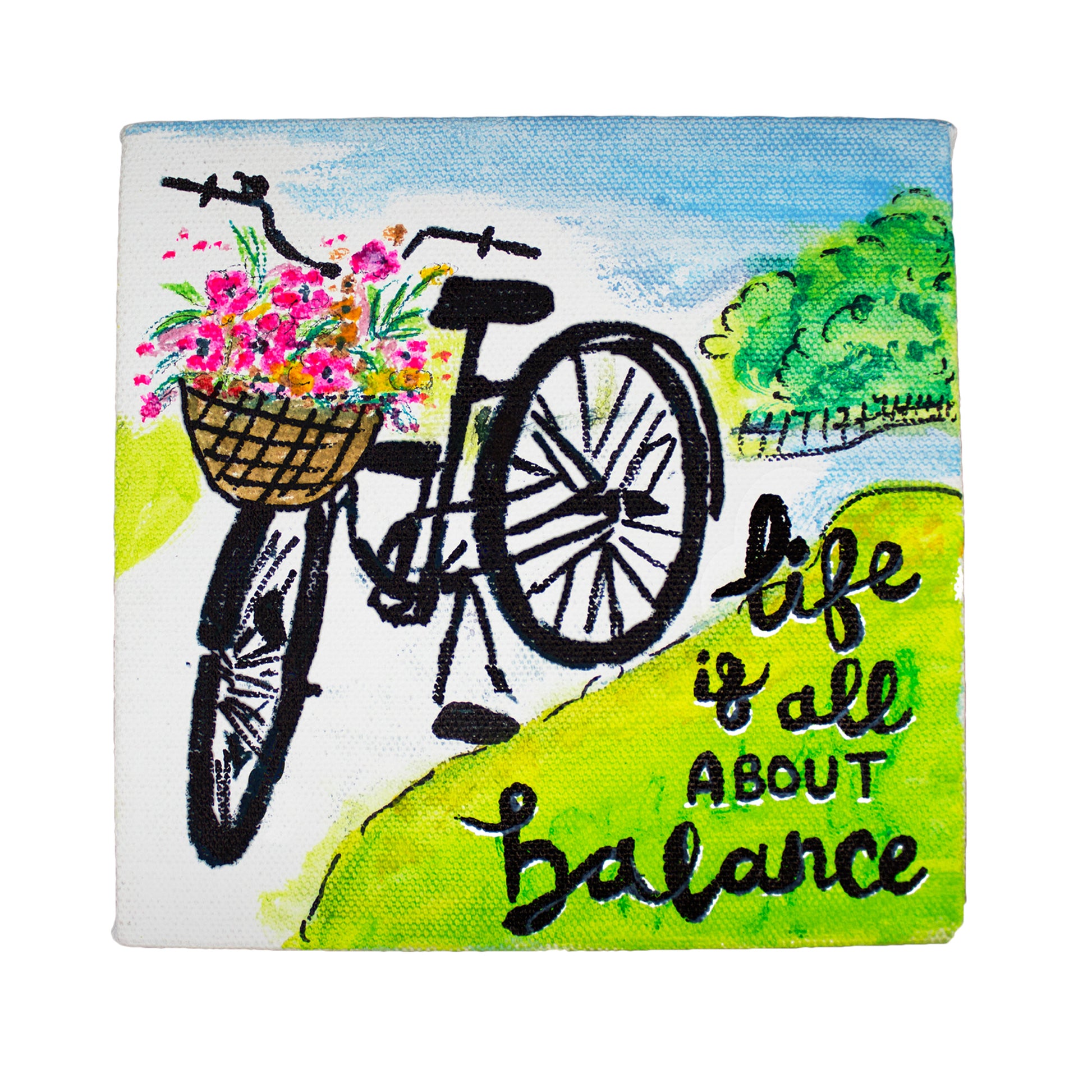 Neha Rajan Artworks Original Handmade Bicycle Floral Motivational Quote Painting Hand Painted On Canvas Frame 6*6