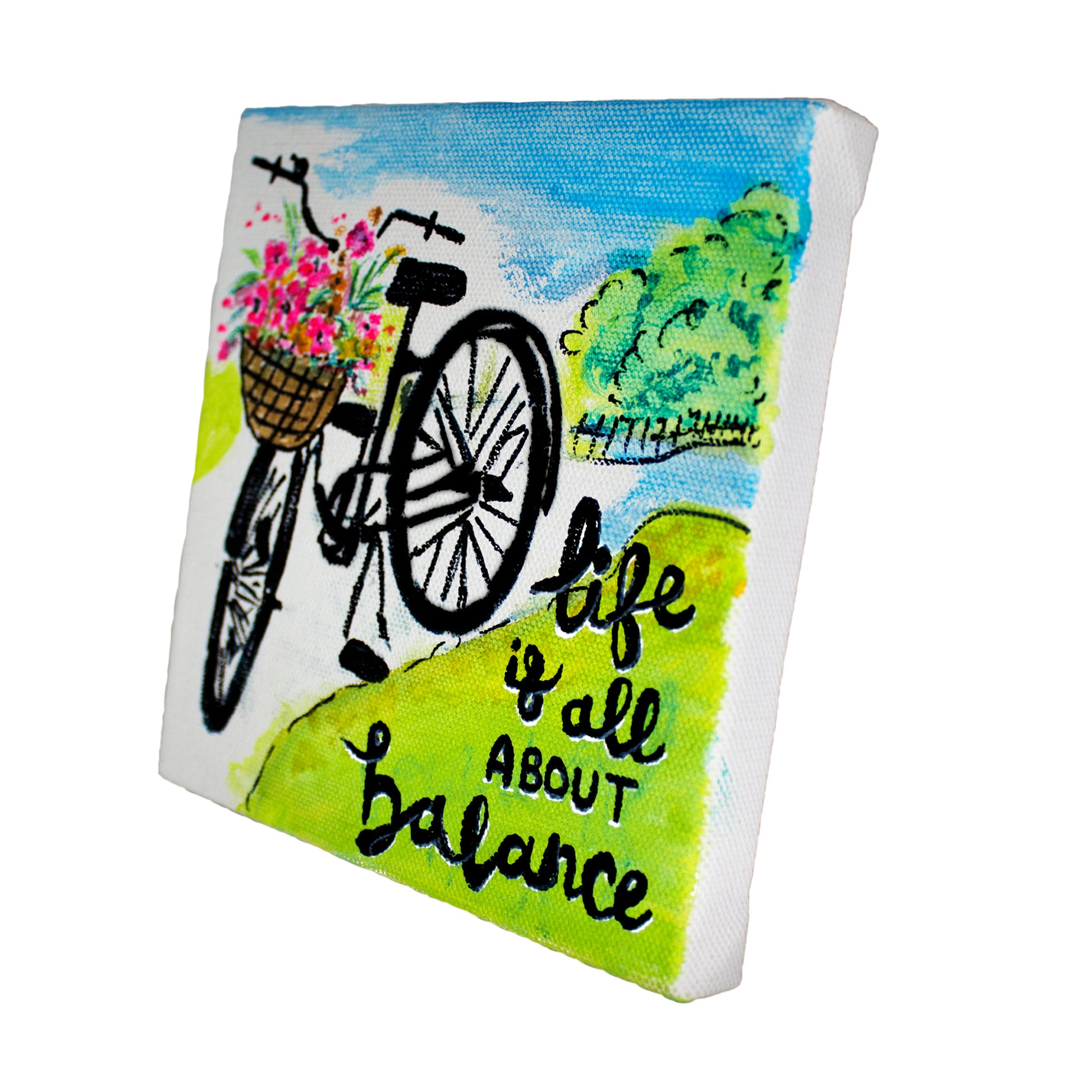 Neha Rajan Artworks Original Handmade Bicycle Floral Motivational Quote Painting Hand Painted On Canvas Frame 6*6