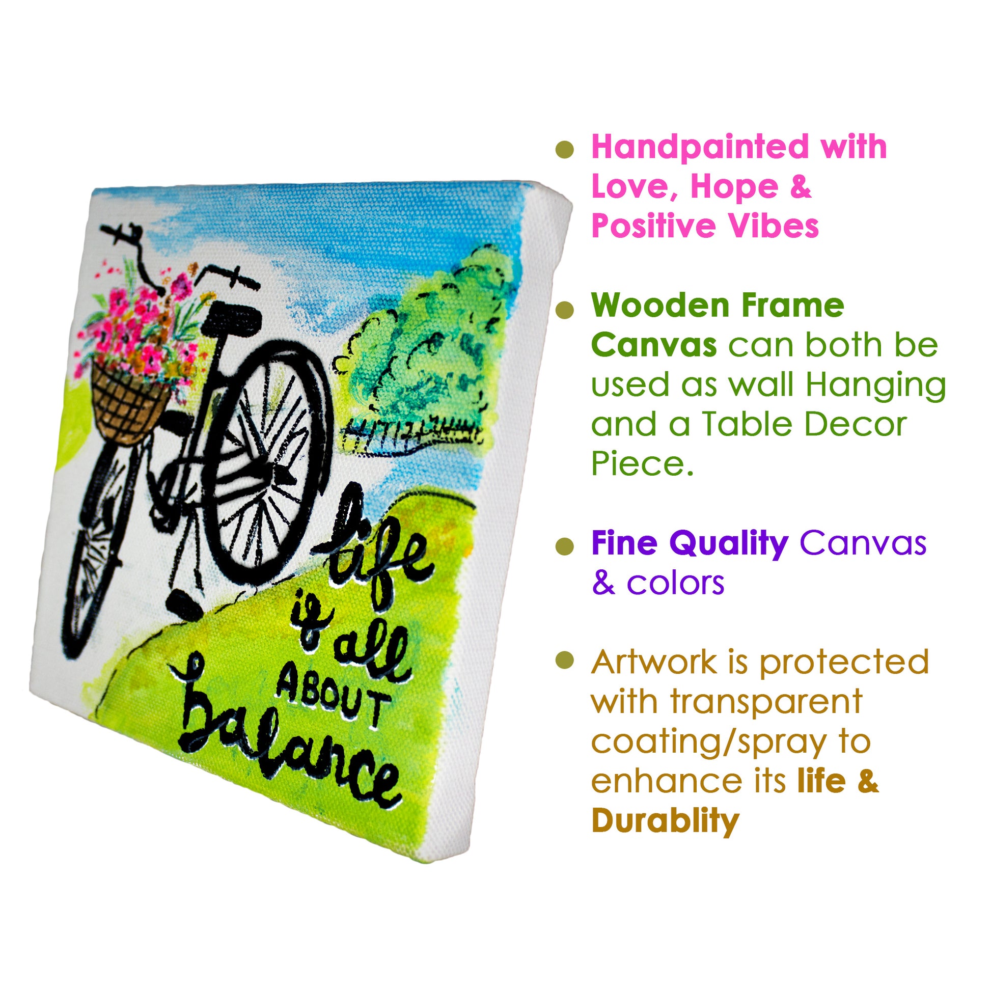 Neha Rajan Artworks Original Handmade Bicycle Floral Motivational Quote Painting Hand Painted On Canvas Frame 6*6
