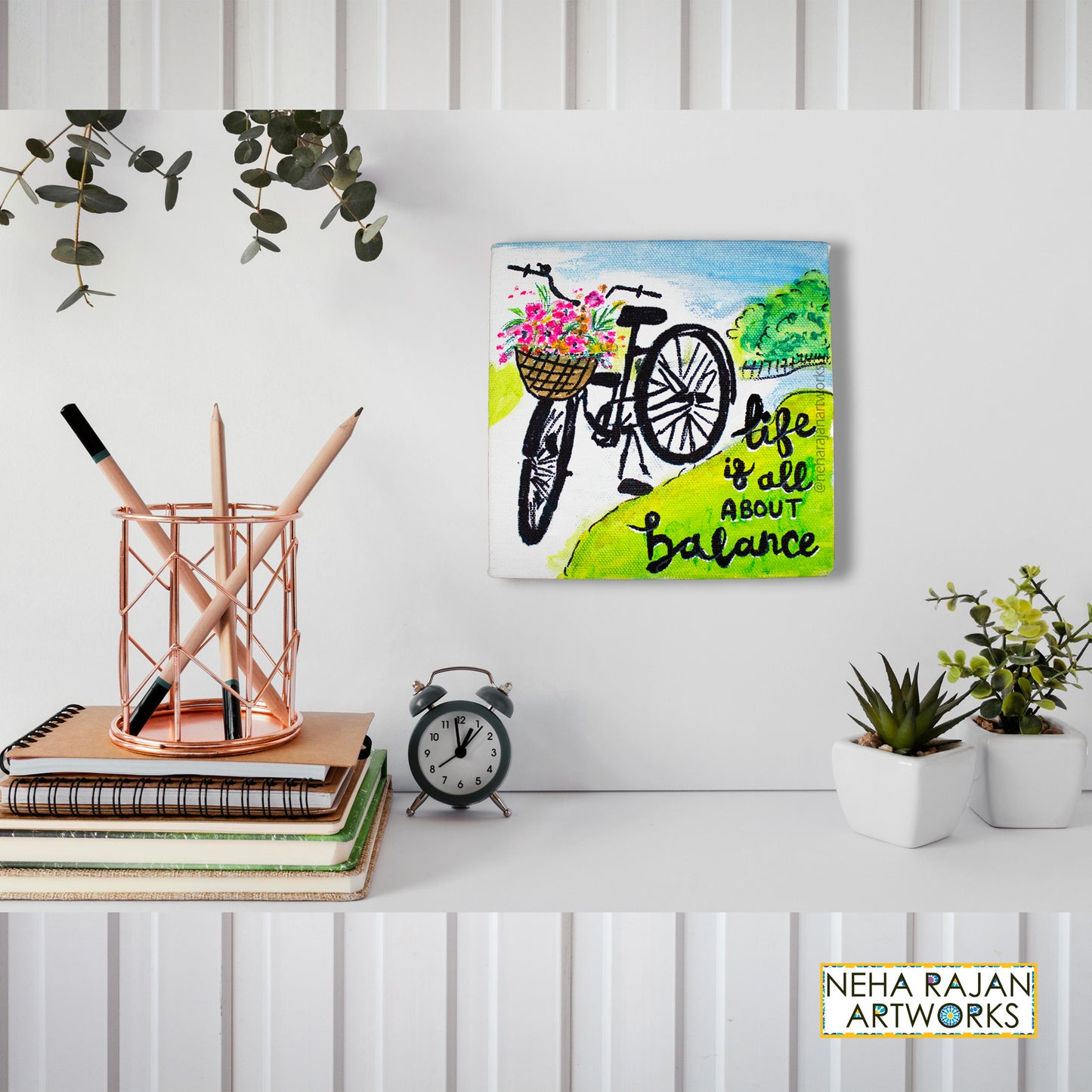 Neha Rajan Artworks Original Handmade Bicycle Floral Motivational Quote Painting Hand Painted On Canvas Frame 6*6