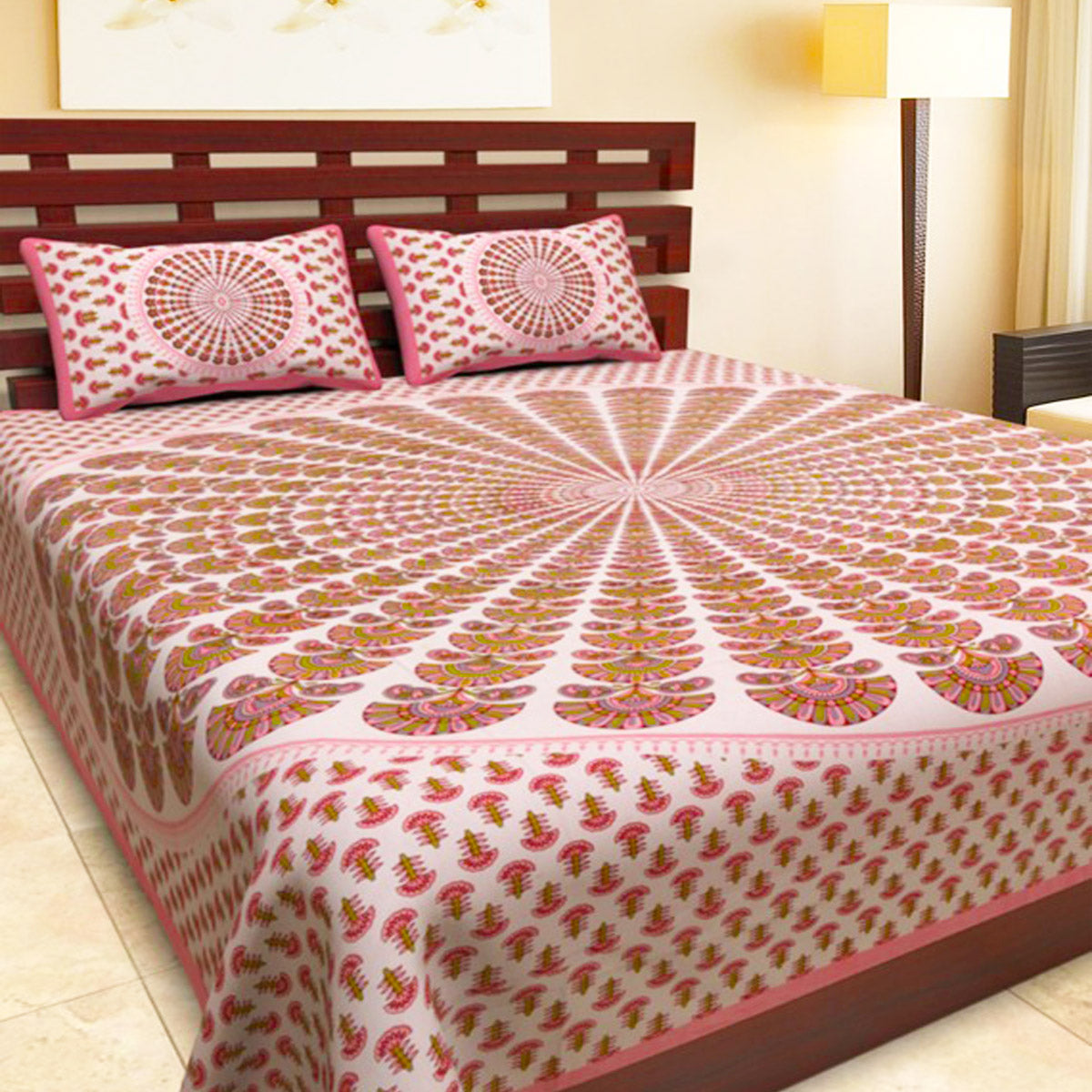 Pink Peacock Mandala on White Bedsheet with Pillow cover