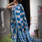 Organic Vibes Blue Grey Indigo Handblock Printed Mulmul Cotton Saree with Grey Checks