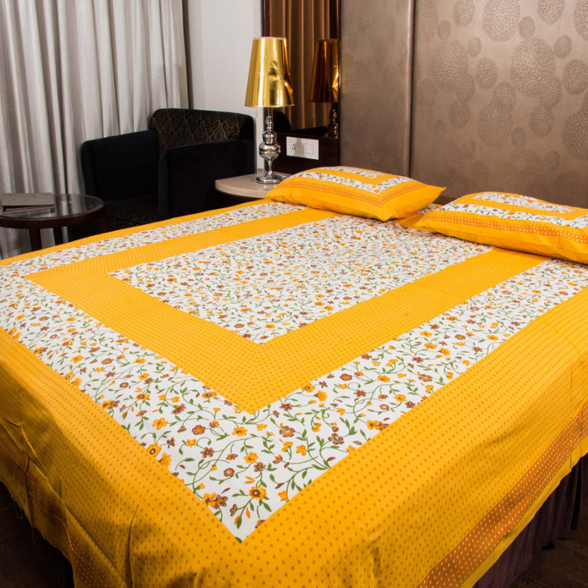 Organic Vibes Latest Yellow Floral Block Printed Bed Cover with Pillows