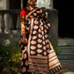  Organic Vibes Black Handblock Printed Mulmul Cotton Saree with Orange Buties