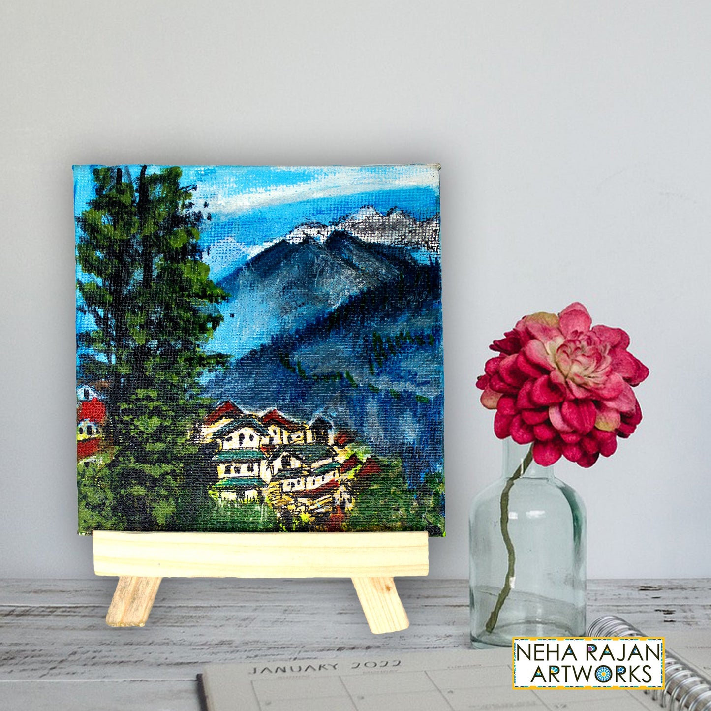 Neha Rajan Artworks Original Handmade Scenery Mountain Painting Hand Painted On Canvas Frame 4*4 With Easel
