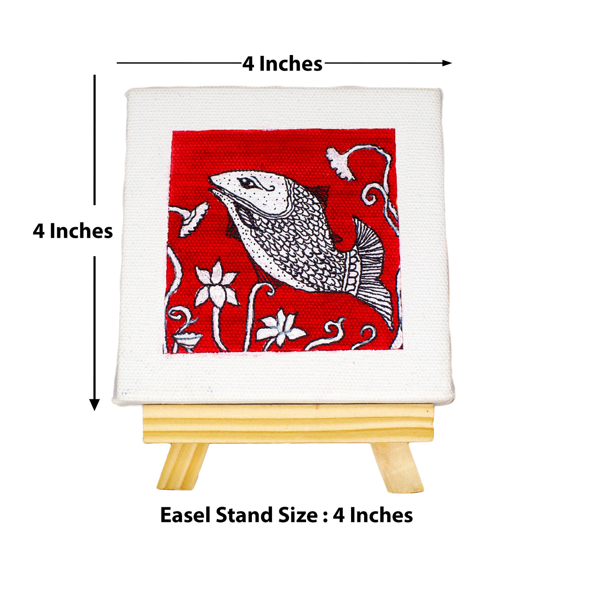 Neha Rajan Artworks Original Handmade Madhubani Fish Painting Hand Painted On Canvas Frame With Easel 4X4