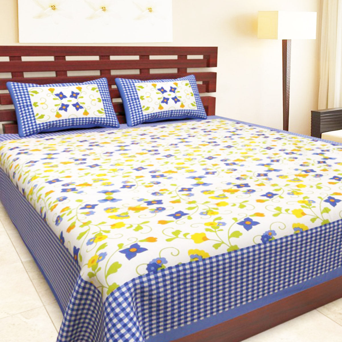 Latest Blue Floral Block Printed Check Bed Cover with Pillows