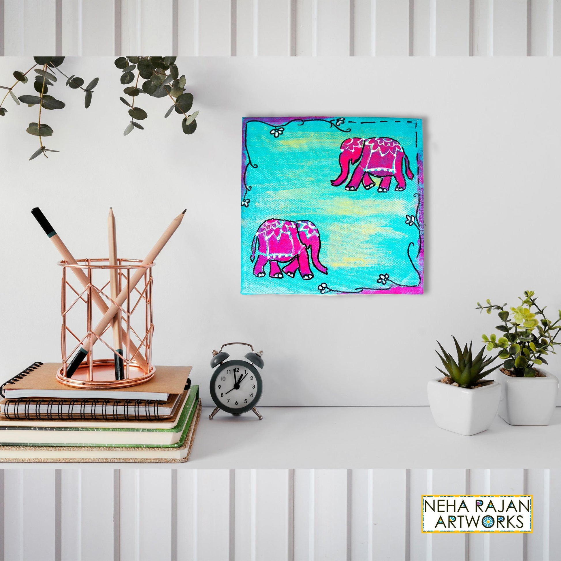 Neha Rajan Artworks Original Handmade Unique Elephant Painting Hand Painted On Canvas Frame 6*6