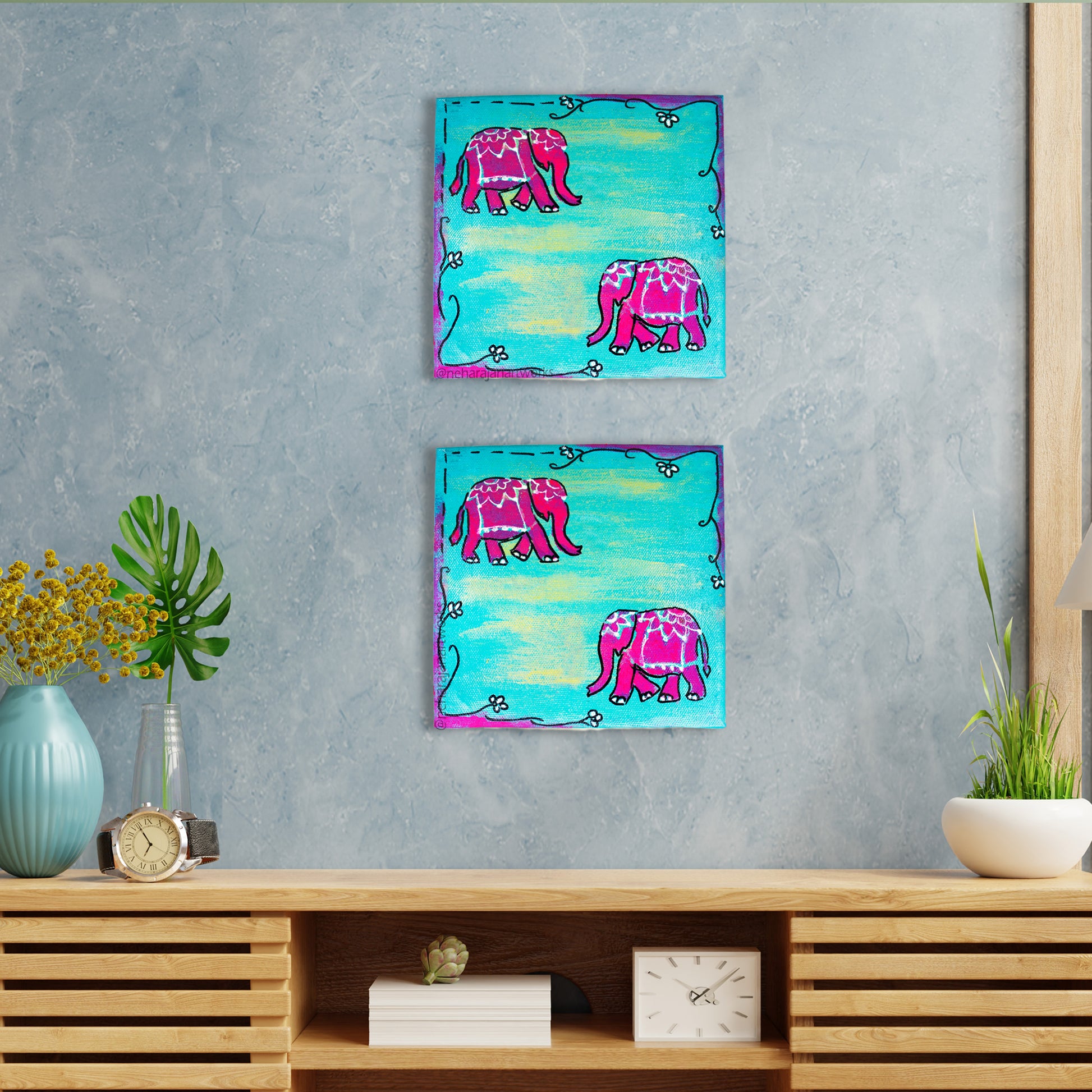 Neha Rajan Artworks Original Handmade Combo Of 2 Unique Elephant Painting Hand Painted On Canvas Frame 6*6