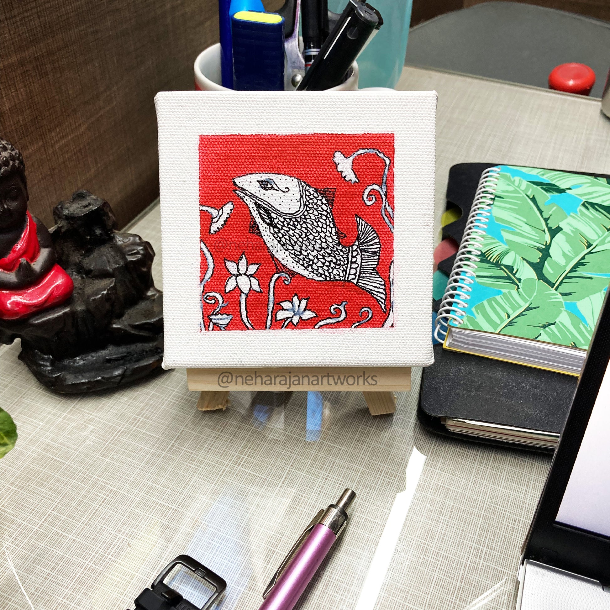 Neha Rajan Artworks Original Handmade Madhubani Fish Painting Hand Painted On Canvas Frame With Easel 4X4