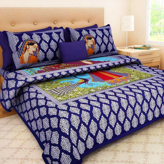 Blue Rajasthani Block Printed Woman Painting Bed Cover with Pillows