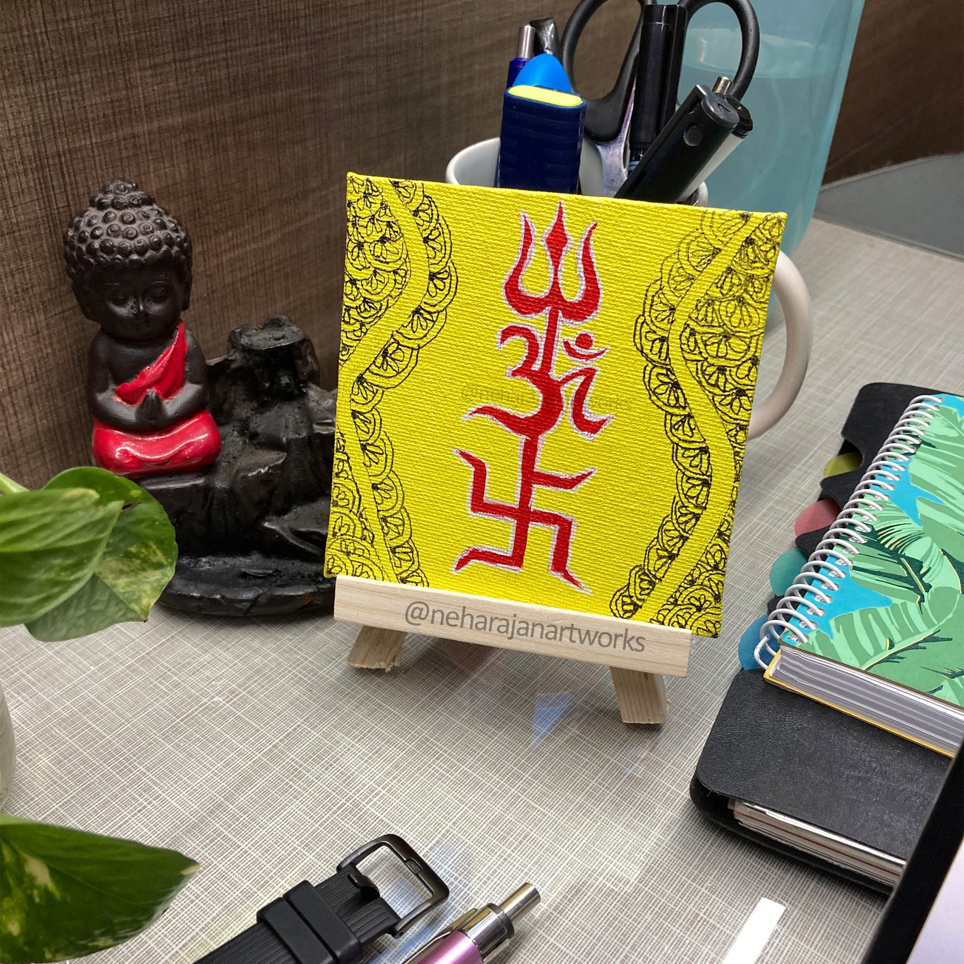 Neha Rajan Artworks Small Handmade Trienergy Trishakti Vastu Painting Hand Painted On Canvas Frame With Easel 4X4