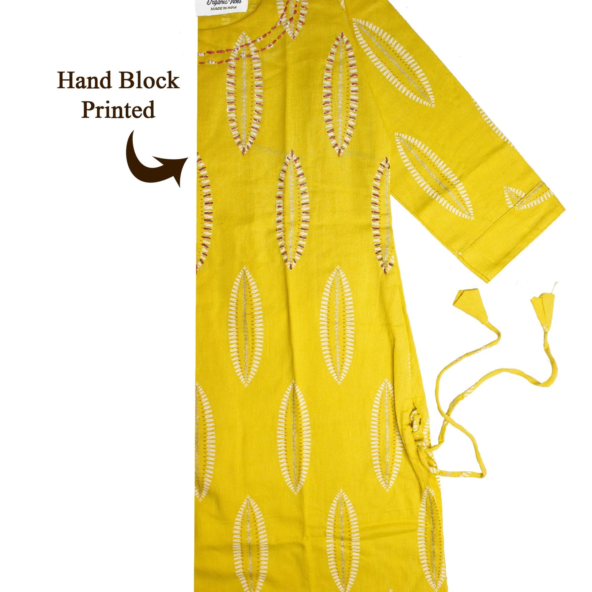 Organic Vibes Yellow Hand Block Printed Khadi Cotton Kurta with Pearl Hand Embroidery work