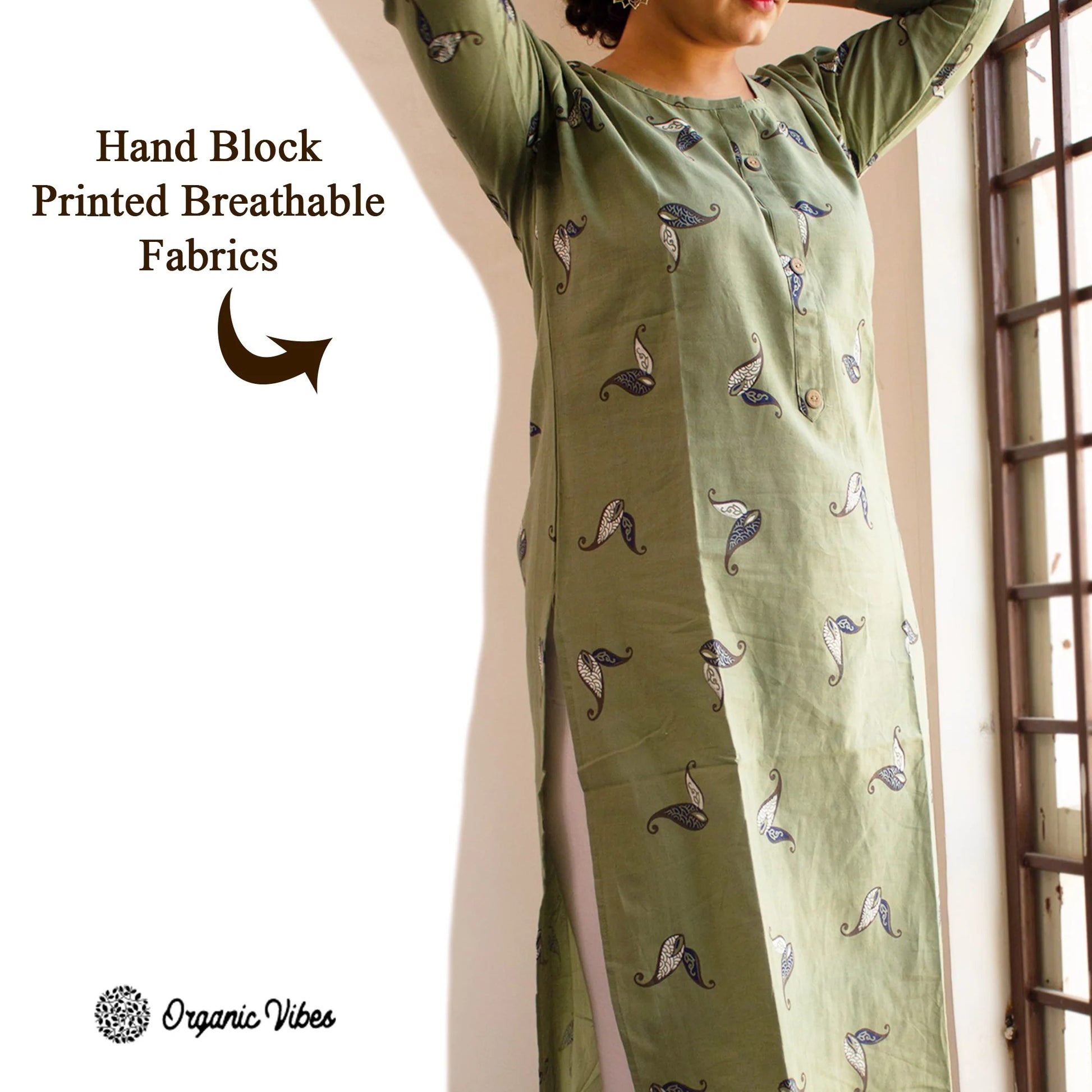 Organic Vibes Olive Green Block Printed Cotton Straight Kurta with Wooden Buttons