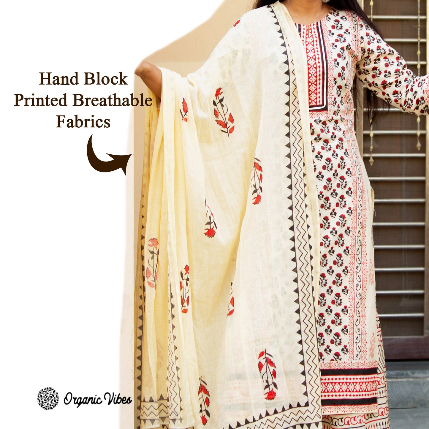 Organic Vibes Off-white Hand Block  Bagh Print Cotton Regular Kurta Set with Dupatta