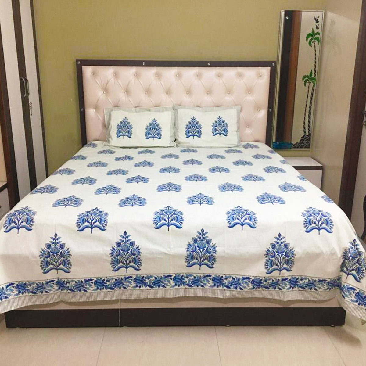 Latest Blue Floral Handblock Printed Bed Cover with Pillows