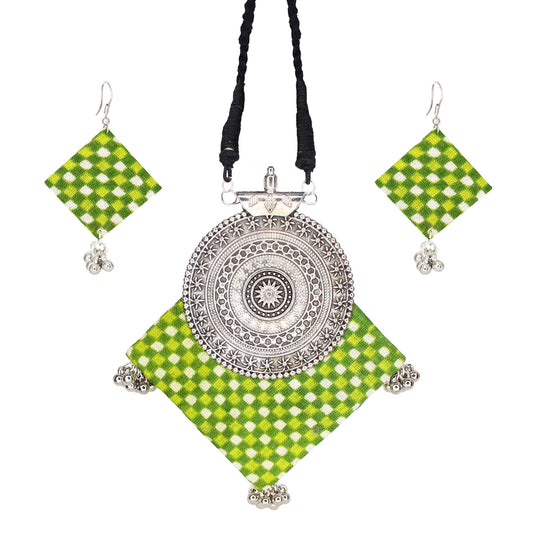 Organic Vibes Handmade Green Block Printed Temple Design Fabric Pendant For Women