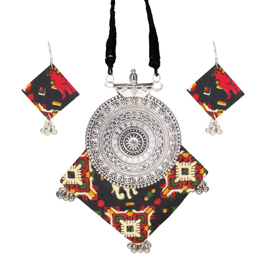 Organic Vibes Handmade Black Printed Temple Design Fabric Pendant Set For Women