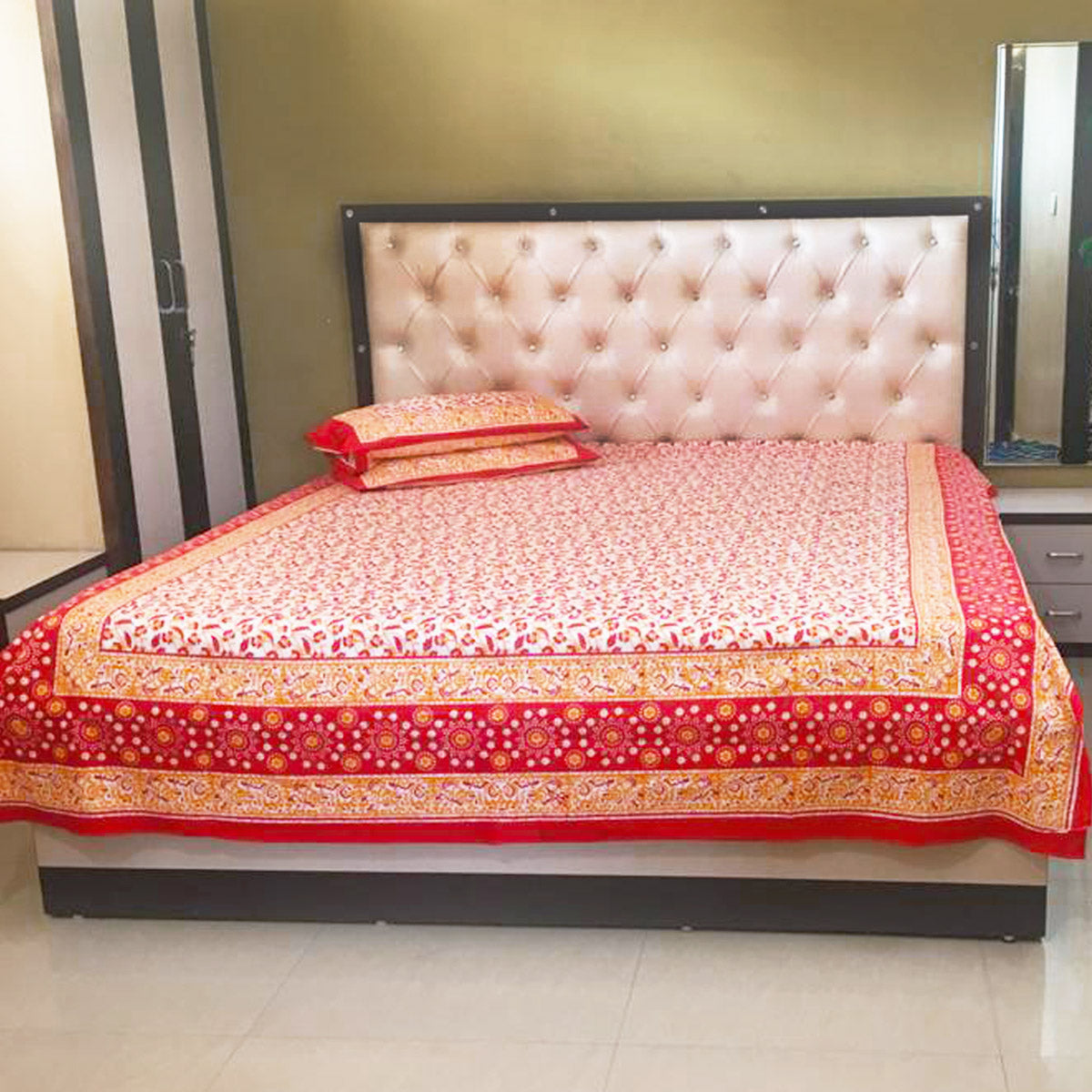 Organic Vibes Red Yellow Handblock Printed Bandhni Design Cotton Bed Cover with Pillows