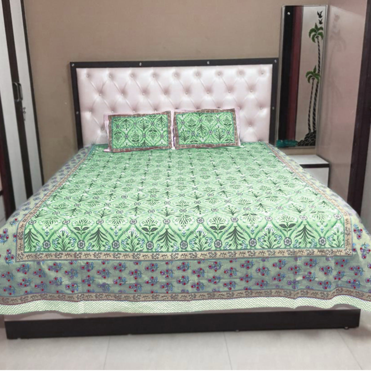 Organic vibes Green Handblock Printed Floral Sanganeri Cotton Bed Cover with 2 Pillow covers