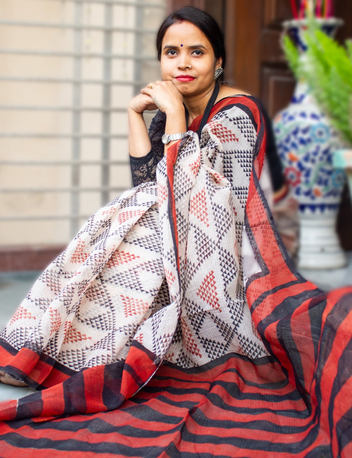 Organic Vibes Handblock Printed Kota Doria White Saree with Natural Colors Organic Vibes 