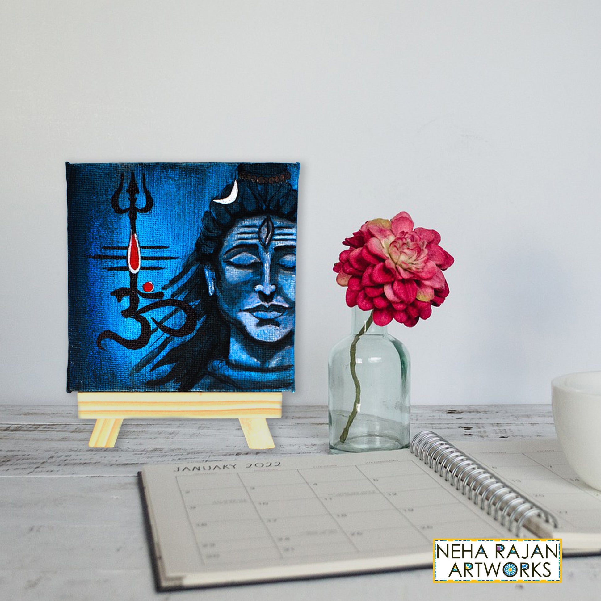 Neha Rajan Artworks Original Handmade Shiva Trishakti Painting Hand Painted On Canvas Frame 4X4 With Easel