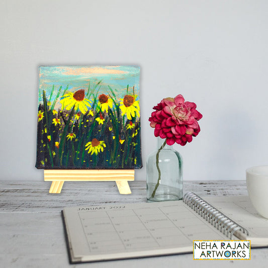 Neha Rajan Artworks Original Handmade Sunflower Painting Hand Painted On Canvas Frame 4*4 With Easel