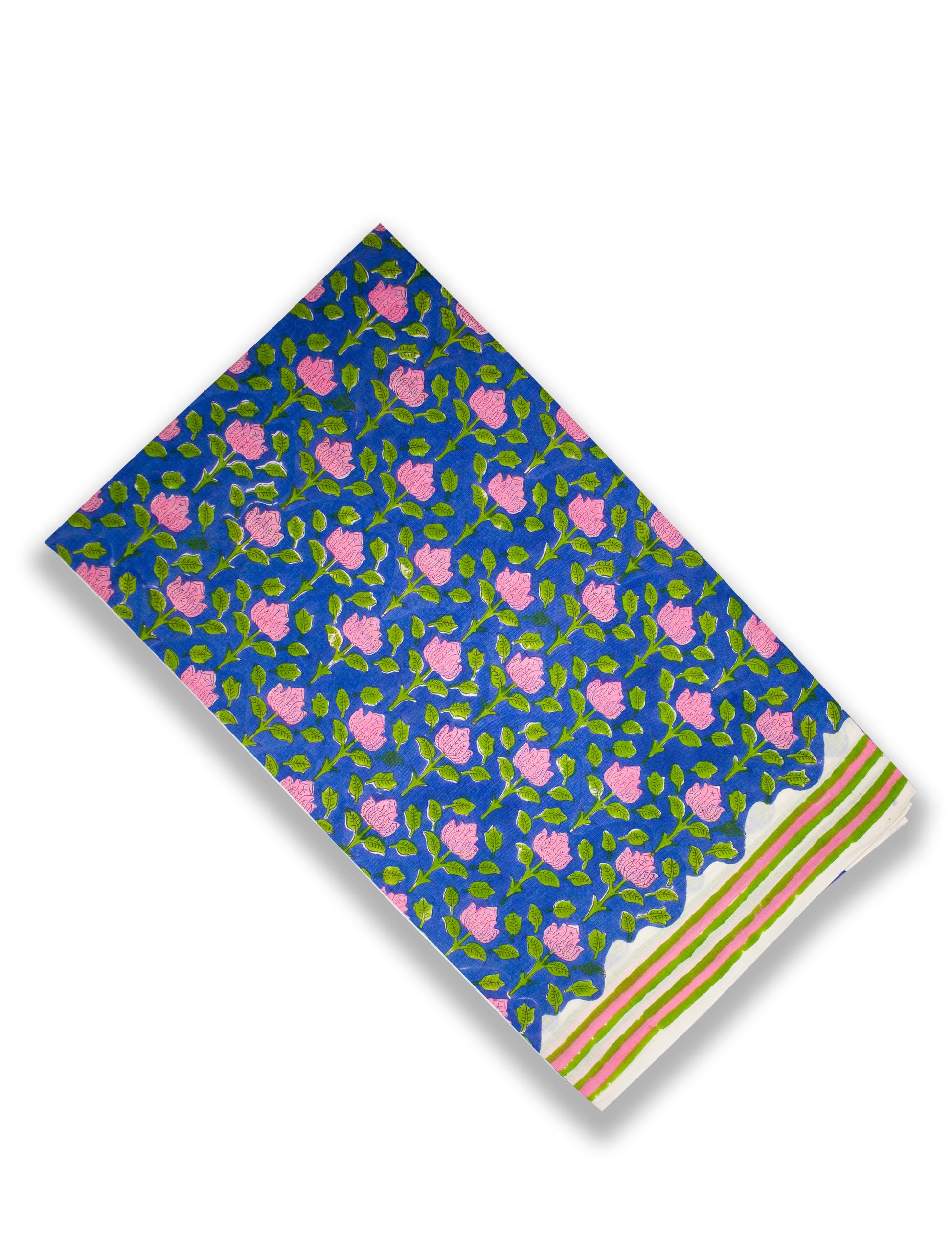 Organic Vibes Blue Pink Lotus Floral Cotton Hand Block Printed Kurta Set unstitched Fabric with Kota Doria Dupatta